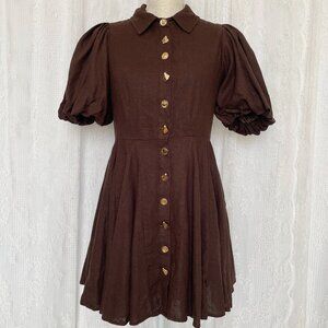 House of Harlow Women's Mini Dress 4 Brown Button Front A-line Puff Sleeve